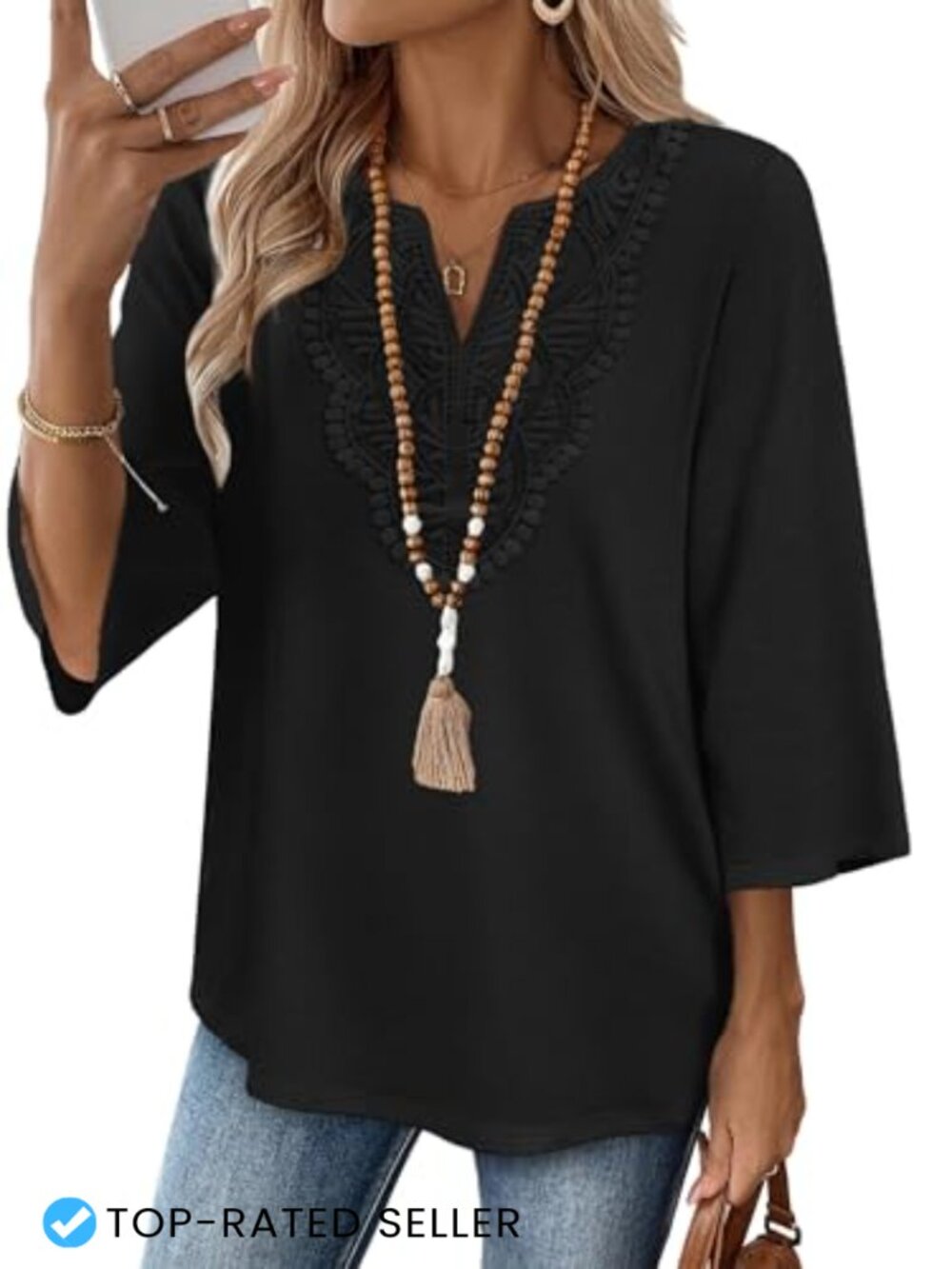 Women's 3/4 Sleeve Tunic Blouse Boho V-Neck Lace Shirt Dressy Casual